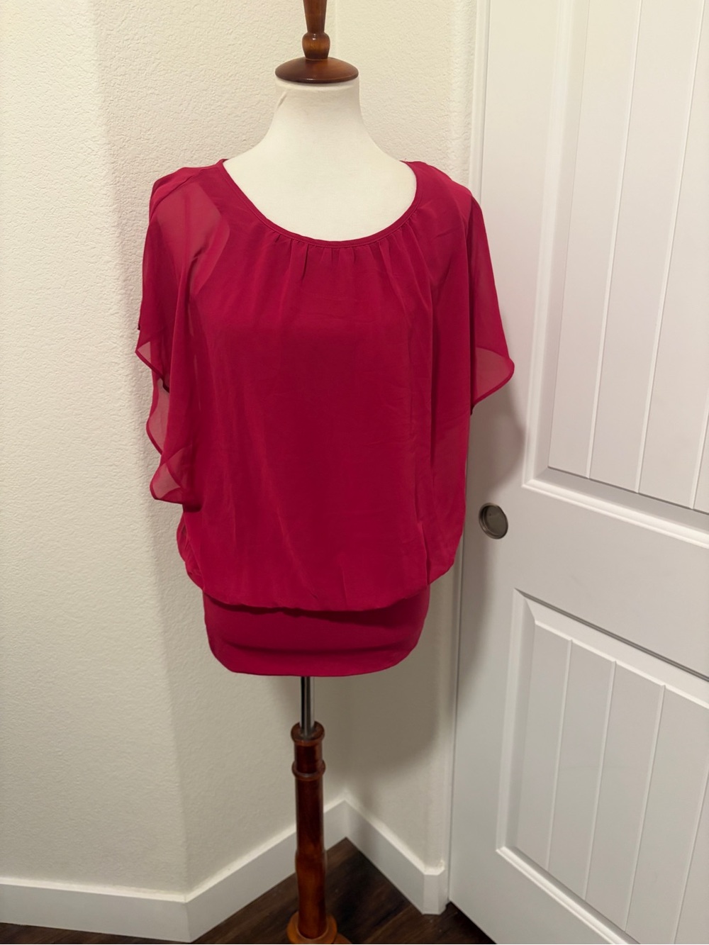 JM Collection Sheer Flutter-Sleeve Blouse in Fuchsia
